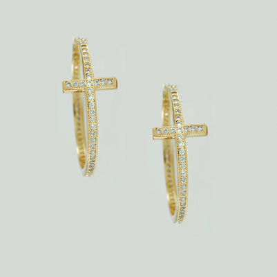 1 1/4" Goldtone Pave Cross Hoop Earrings | 425090262006