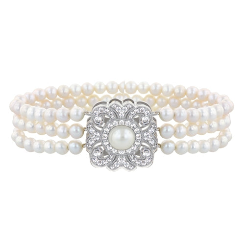 Diamondess 3 Strand Pearl & CZ Medallion Bracelet | Style: 444031444314
