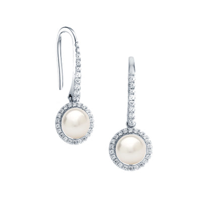 Diamondess Pave Halo Pearl Drop Earrings | Style: 444061235394